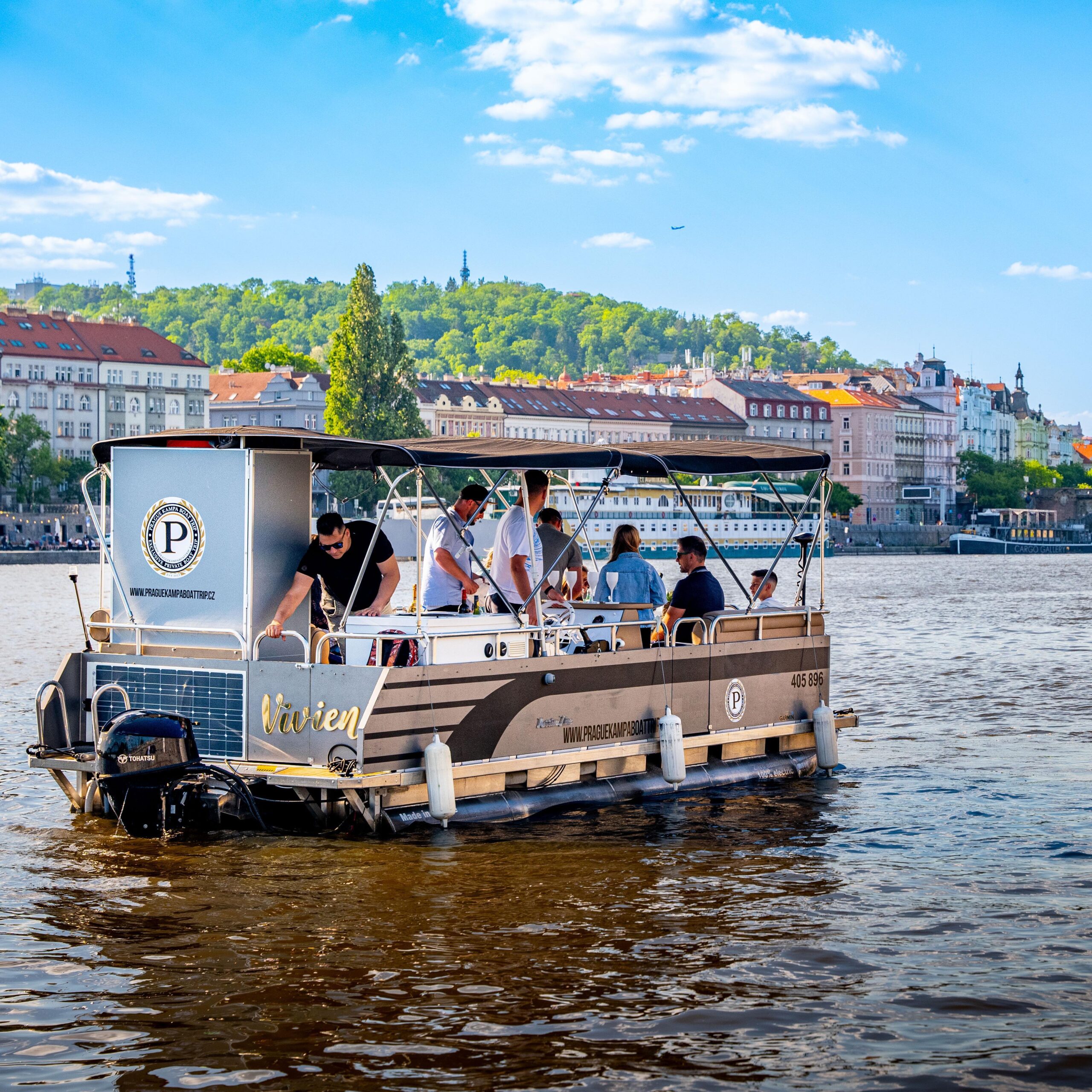 The most exclusive and luxurious pontoon boat cruising Vltava