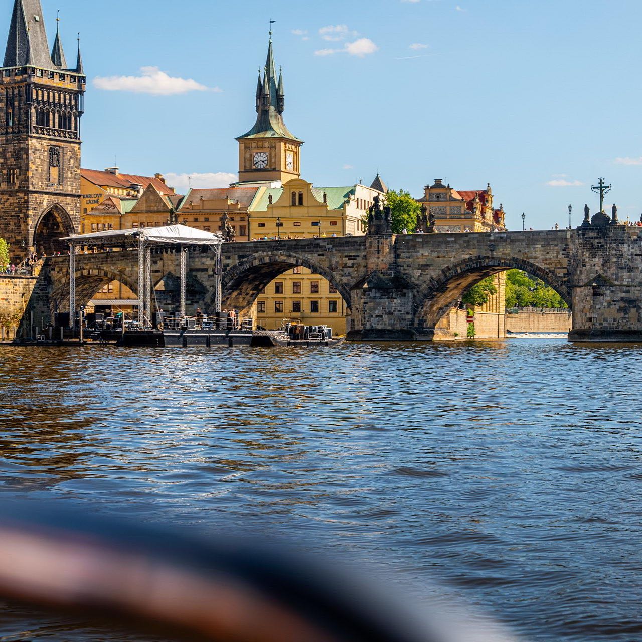 Aboard on our pontoon boat is Charles Bridge